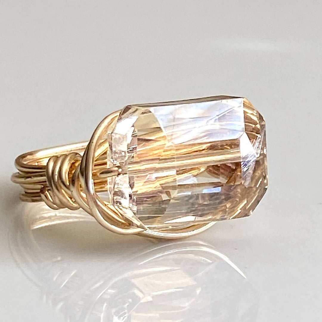 Crystal Gold Ring Champagne Rectangle Wire Wrapped