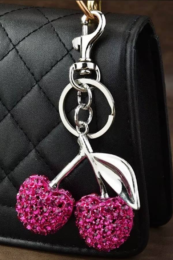 Pink Rhinestone Cherry Silver Purse Charm