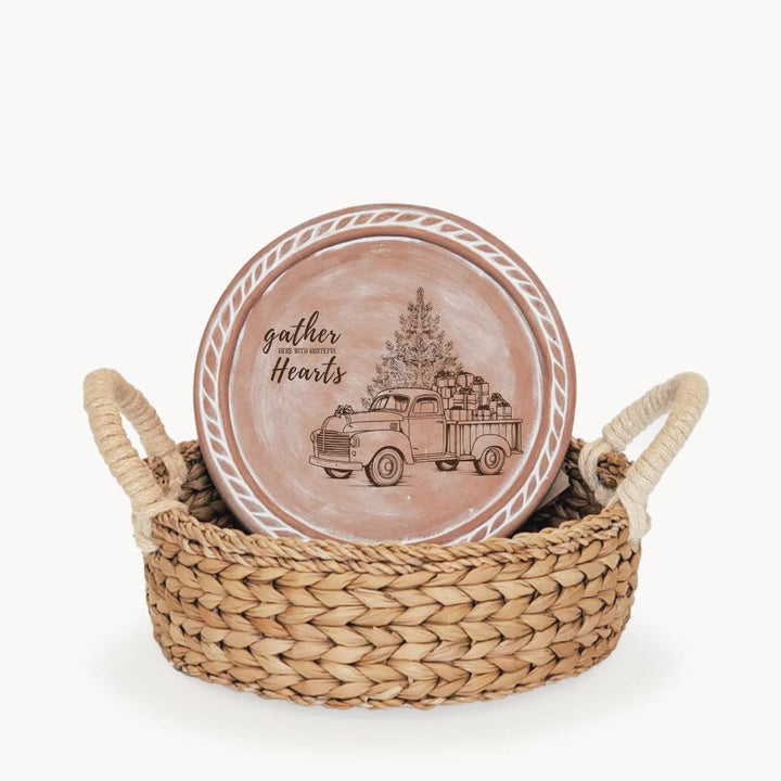 Handmade Bread Warmer & Wicker Basket - Christmas Round