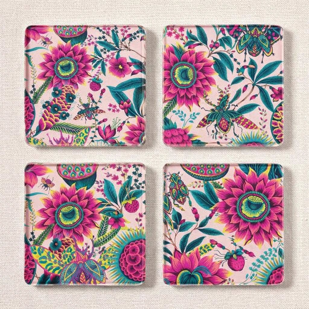 Glass coasters set of 4 with bright pink spring floral pattern by The Tray Girl &amp; More