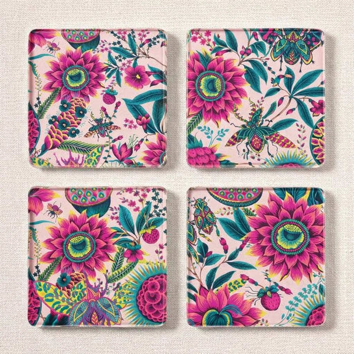 Glass coasters set of 4 with bright pink spring floral pattern by The Tray Girl &amp; More