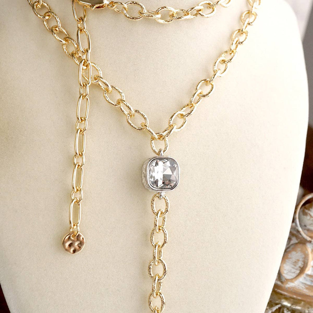 Two Tone Regal Crest Coin Crystal Lariat Necklace Gold Silver Tone