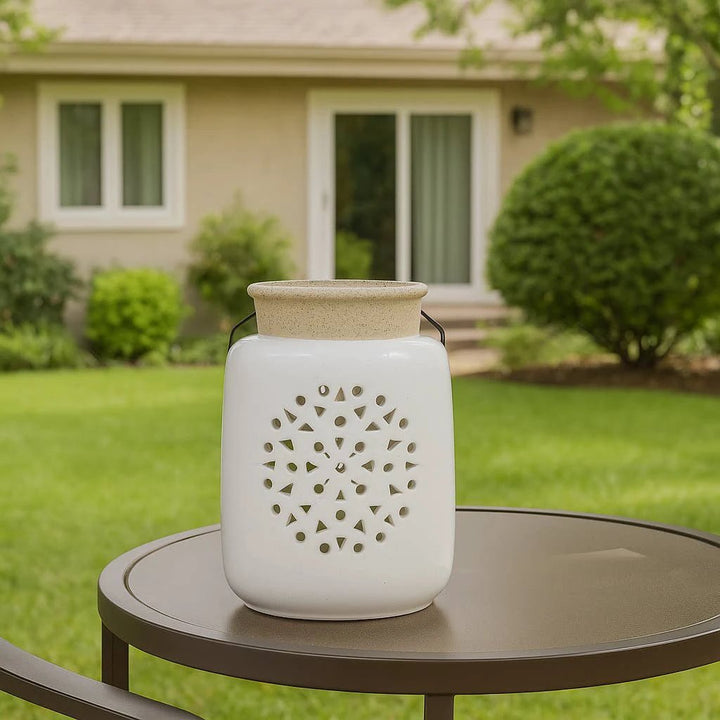 Ceramic Flower Cut Out Lantern with Handle - Ivory, 9 in. Sagebrook Home