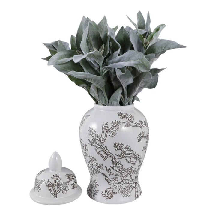 Temple Jar - White/Brown Ceramic Cherry Blossom, 15 in. Sagebrook Home