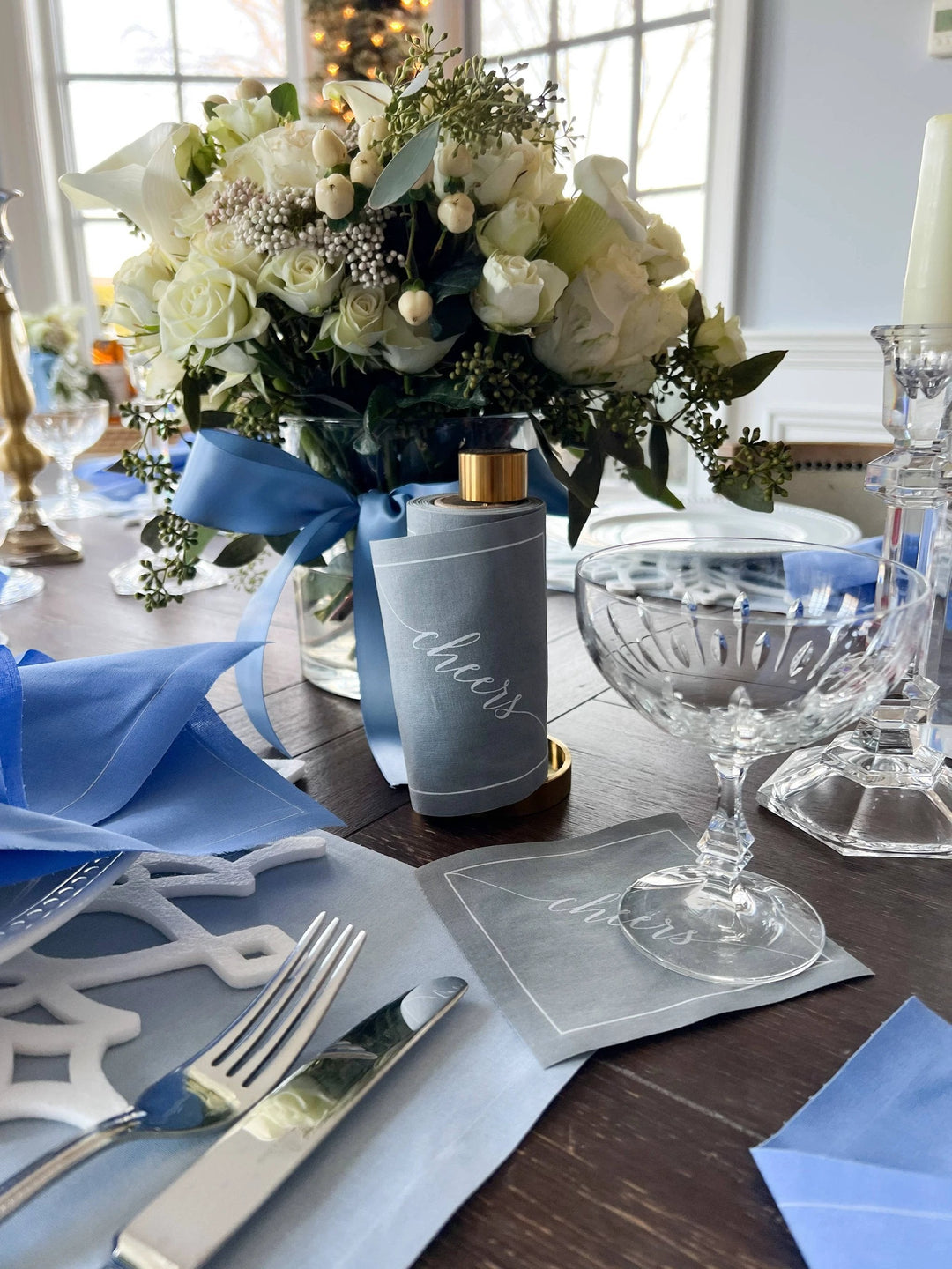 Cotton Cocktail Napkin Roll - Silver Fox White "Cheers" Entertaining Essentials Toasting With Tara