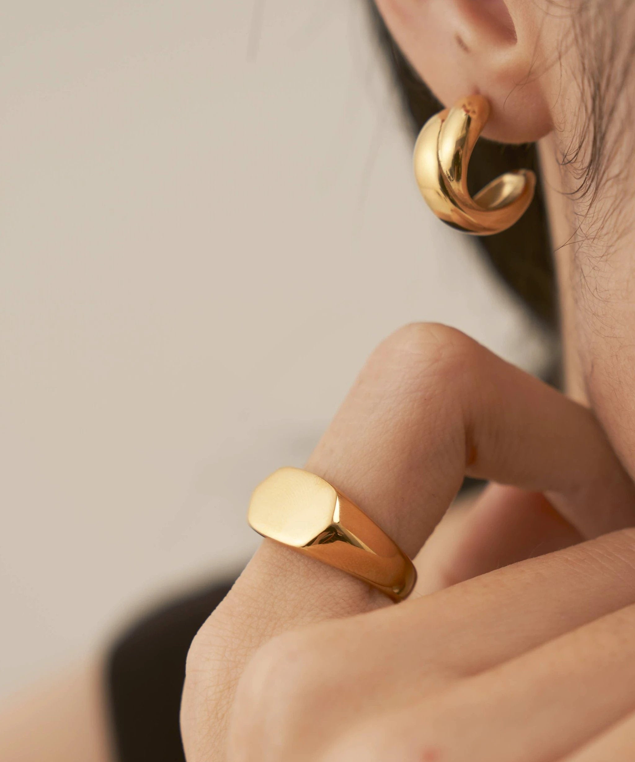 18K Gold Filled Hexagon ring, Gold Black Signet ring