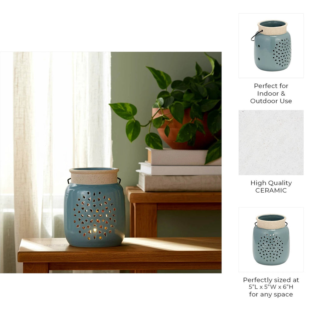Ceramic Flower Cut Out Lantern with Handle - Blue, 6 in. Sagebrook Home