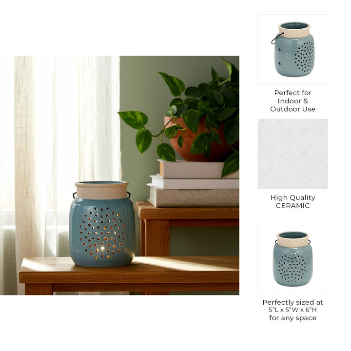 Ceramic Flower Cut Out Lantern with Handle - Blue, 6 in. Sagebrook Home