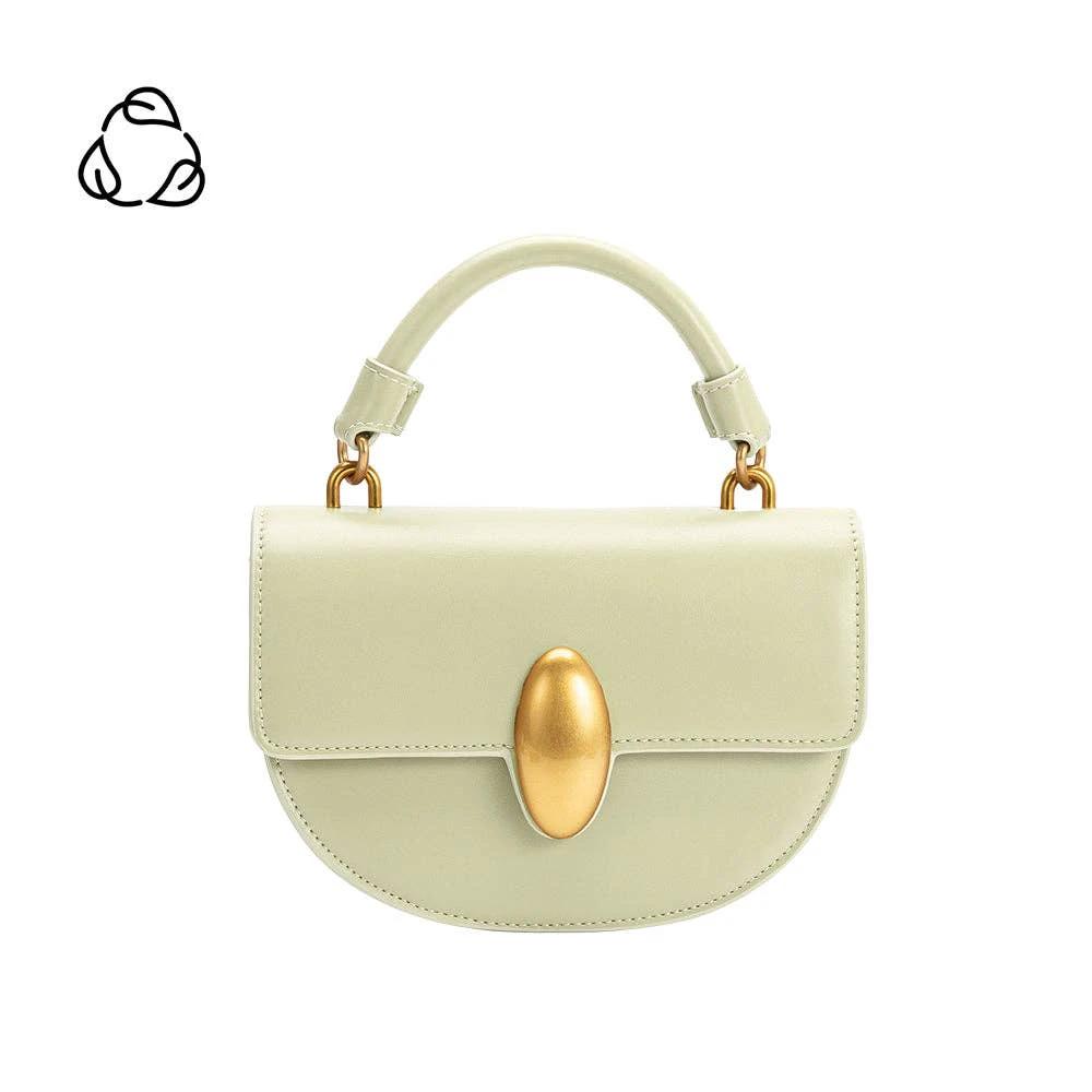 Mint green recycled vegan leather crossbody bag with curved bottom flap, gold oval clasp, and a small top handle.