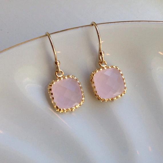 Rose pink opal cushion-cut earrings with gold beaded bezel and slender gold hooks