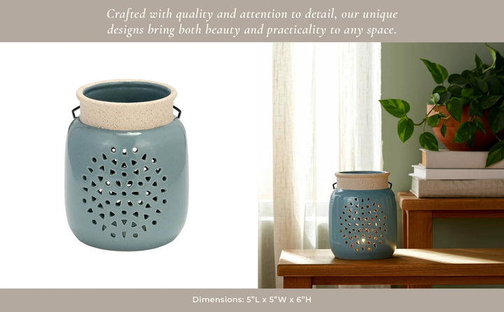 Ceramic Flower Cut Out Lantern with Handle - Blue, 6 in. Sagebrook Home