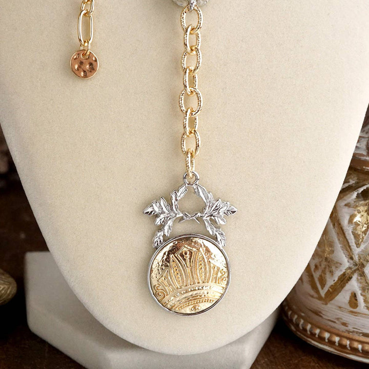 Two Tone Regal Crest Coin Crystal Lariat Necklace Gold Silver Tone