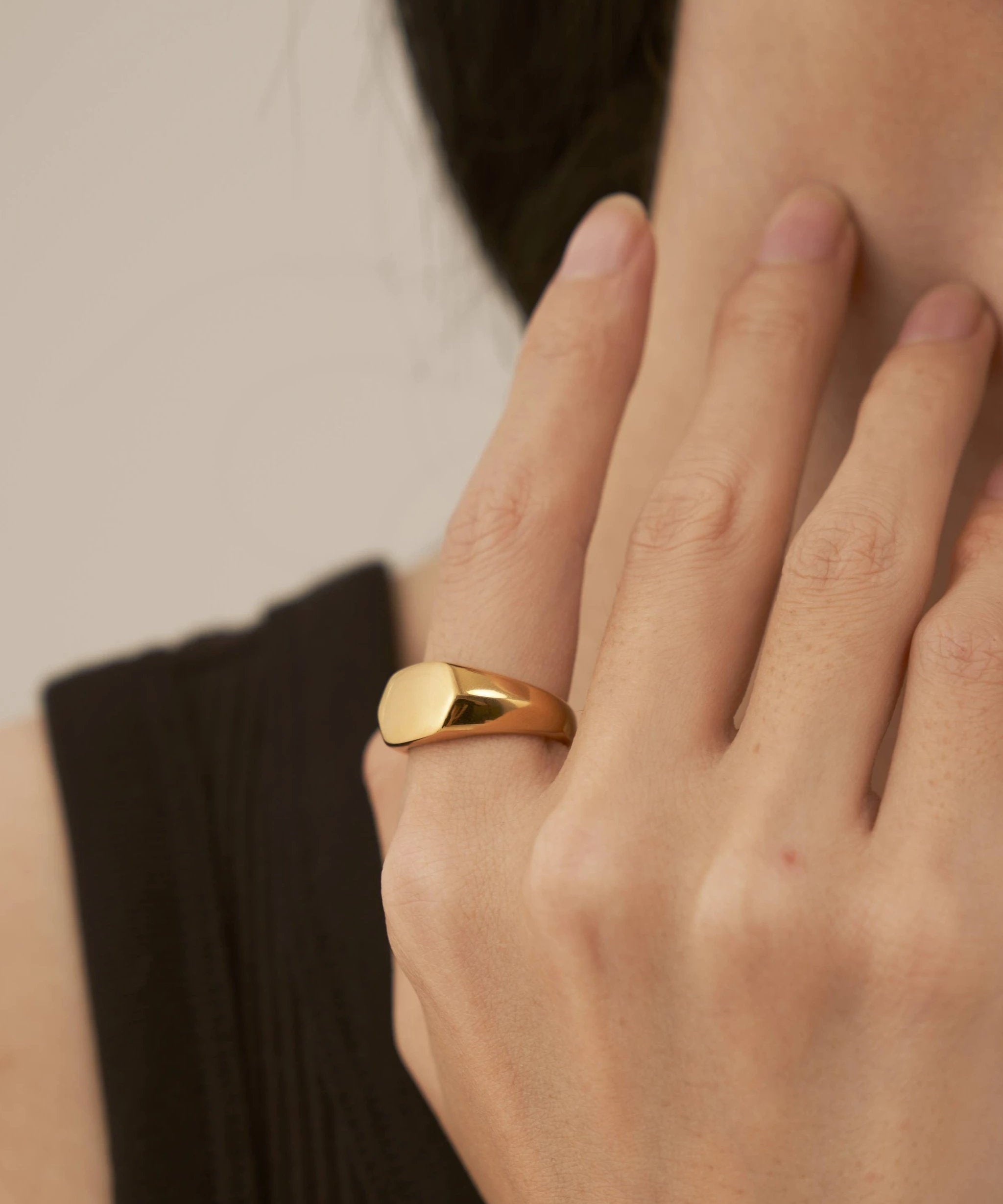 18K Gold Filled Hexagon ring, Gold Black Signet ring