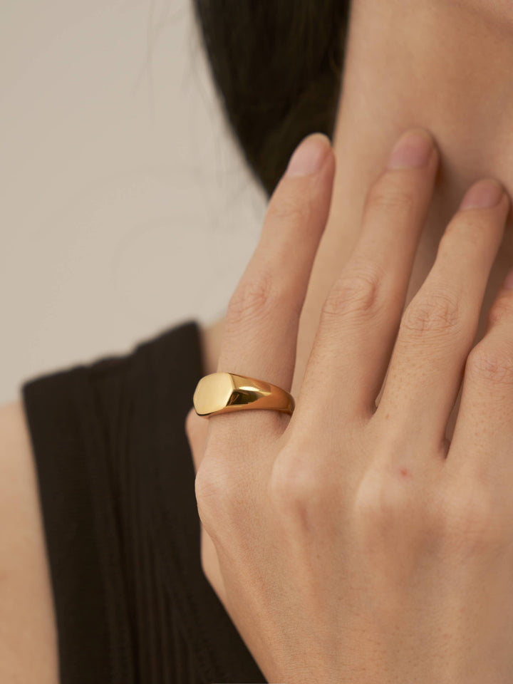 18K Gold Filled Hexagon ring, Gold Black Signet ring