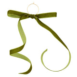 Green velvet bow wine charm on a small gold ring with curling ribbon tails, set of six.
