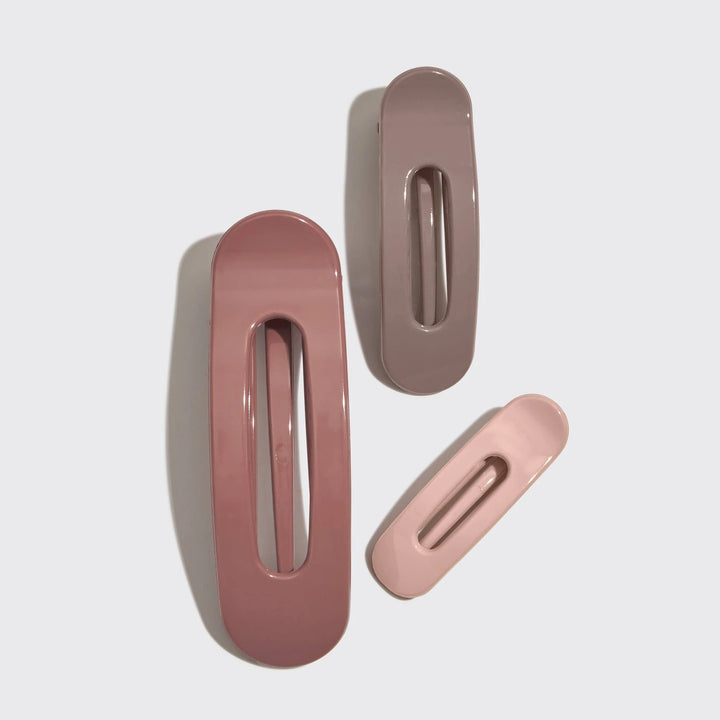 KITSCH Flat Lay Claw Clips 3pc set in glossy terracotta pink tones