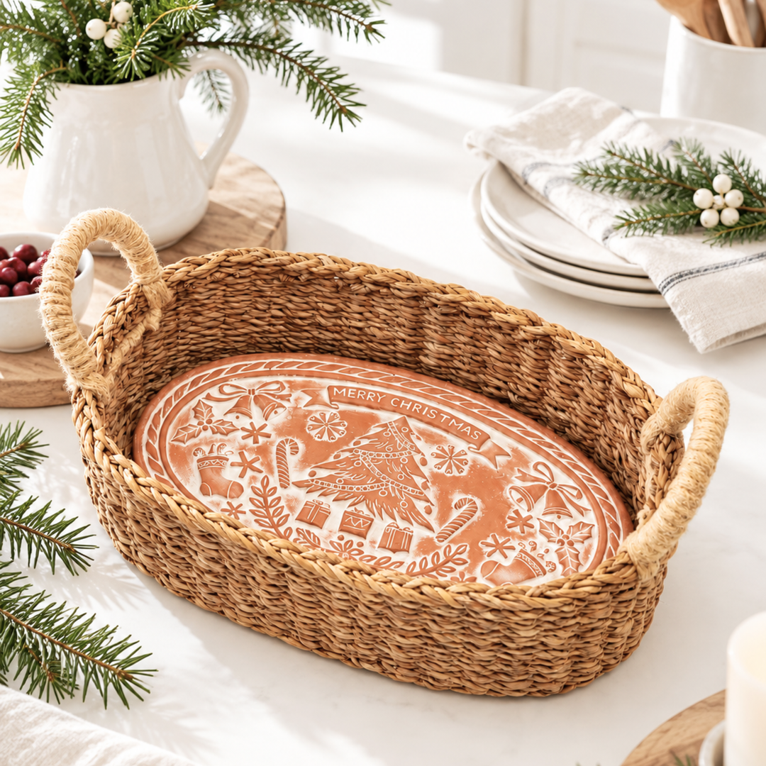 Handmade Bread Warmer &amp; Wicker Basket - Christmas Oval