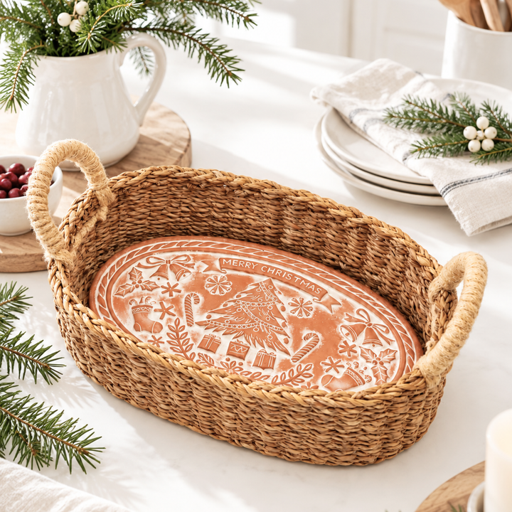 Handmade Bread Warmer &amp; Wicker Basket - Christmas Oval