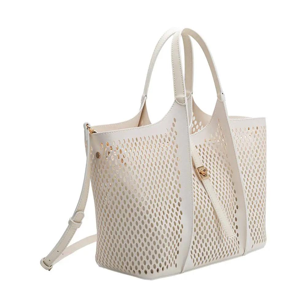 Melie Bianco Malia Ivory Laser Cut Vegan Leather Tote Bag Melie Bianco