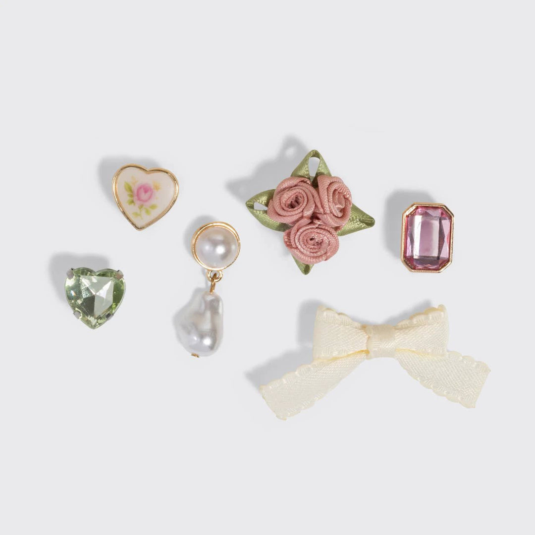 KitschPop 6pc pink charms set including rose cluster, floral heart, green crystal, pink gem, pearl drop, lace bow
