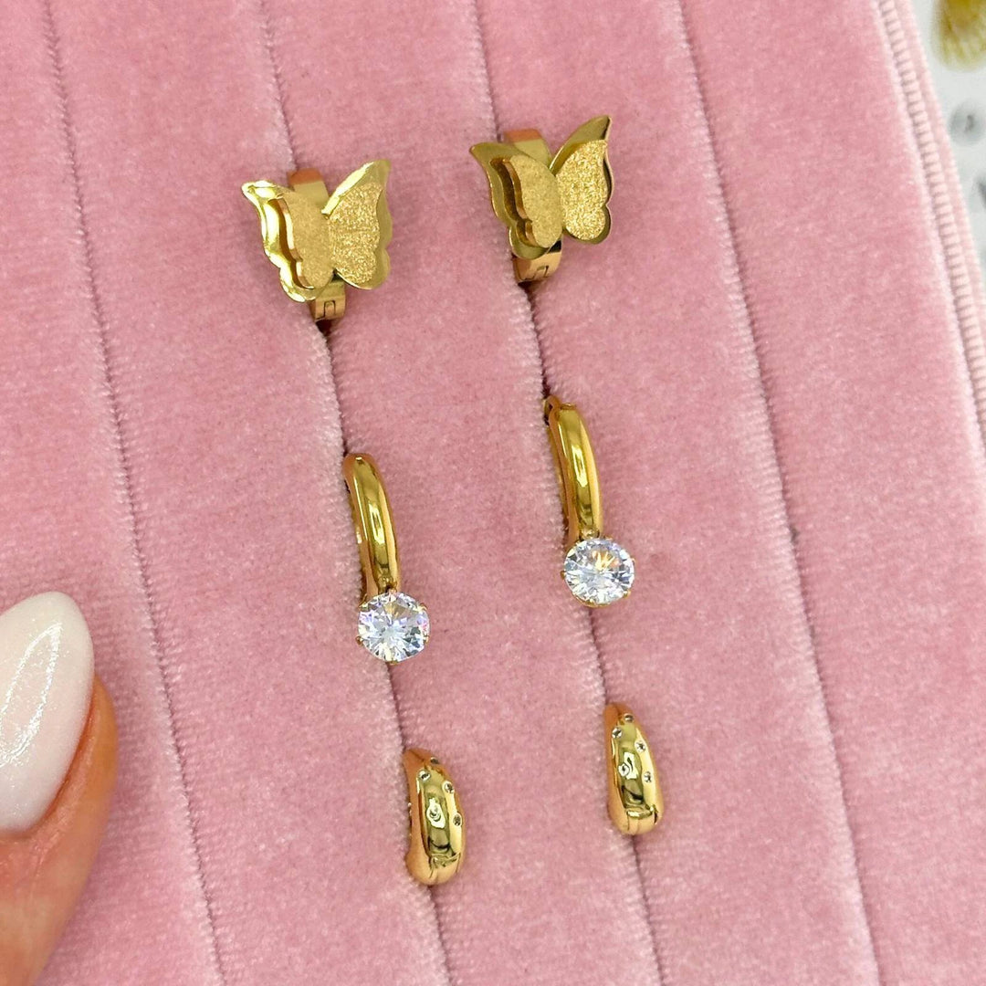 18K gold-plated stainless steel butterfly studs with drop hoops and clear round crystals.