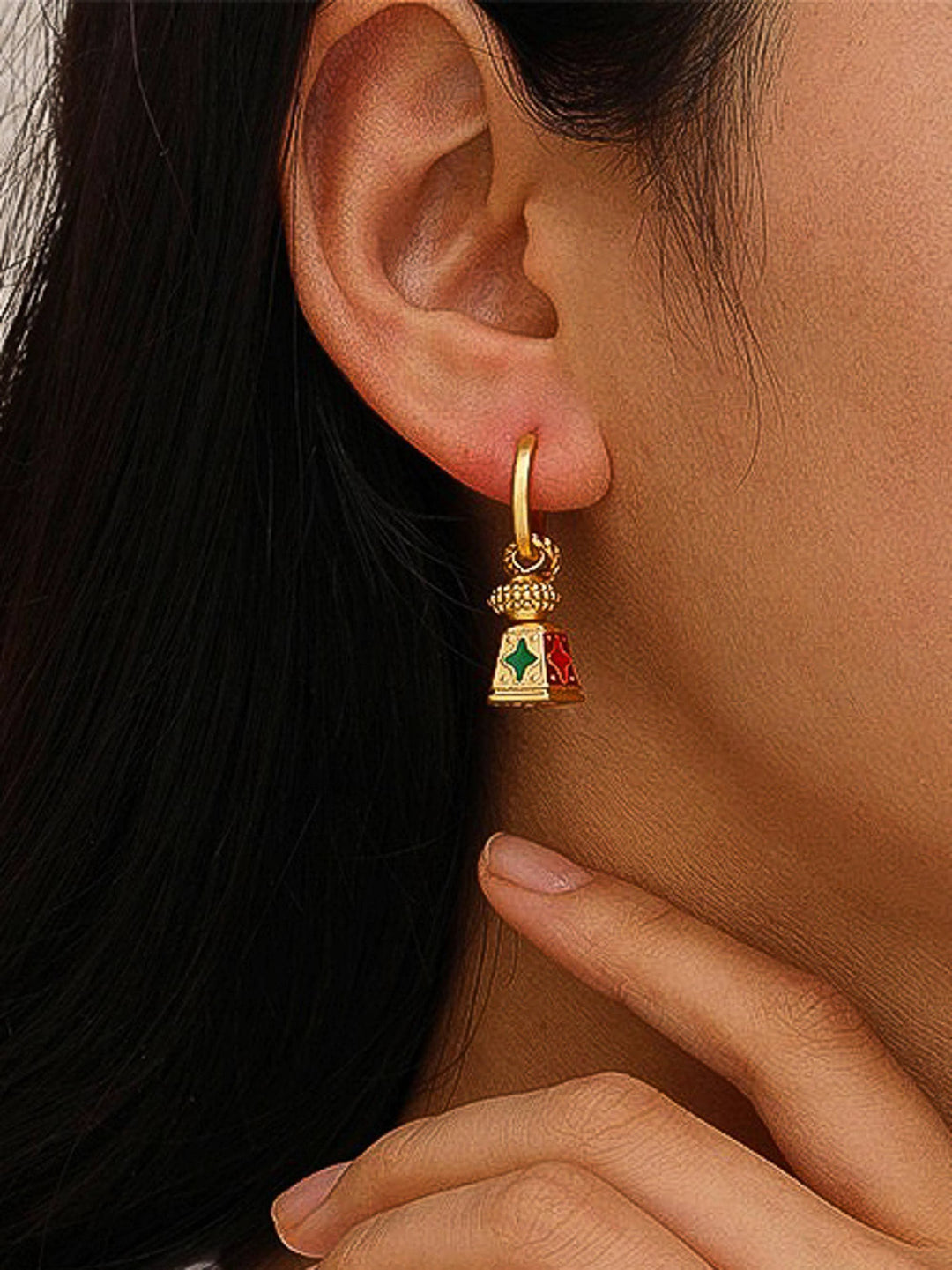 Isabel 18K gold bohemian bell tower earring by Flânerie by MAIQ; hoop with enamel bell charm