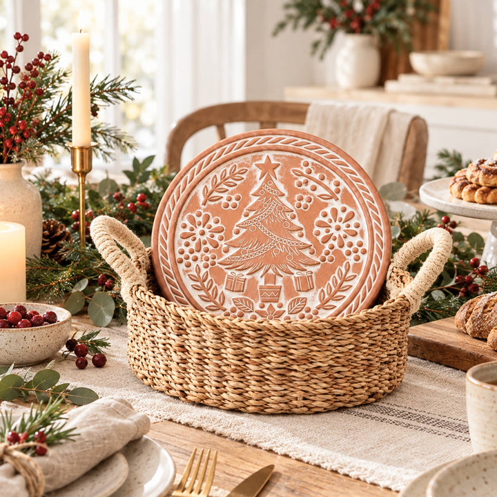 Handmade Bread Warmer &amp; Wicker Basket - Christmas Round