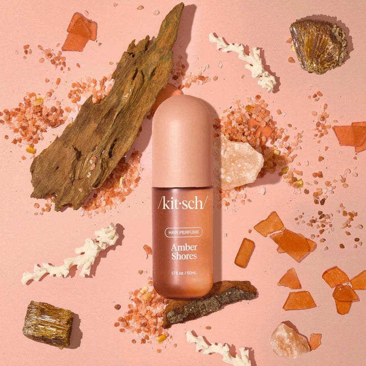 Amber Shores Hair Perfume by KITSCH; woody aquatic scent in a pink bottle.