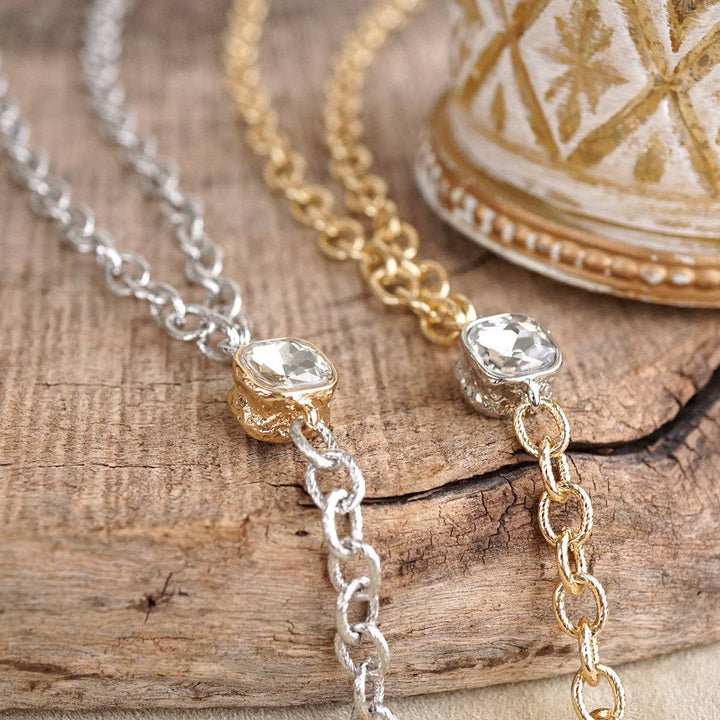 Two Tone Regal Crest Coin Crystal Lariat Necklace Gold Silver Tone