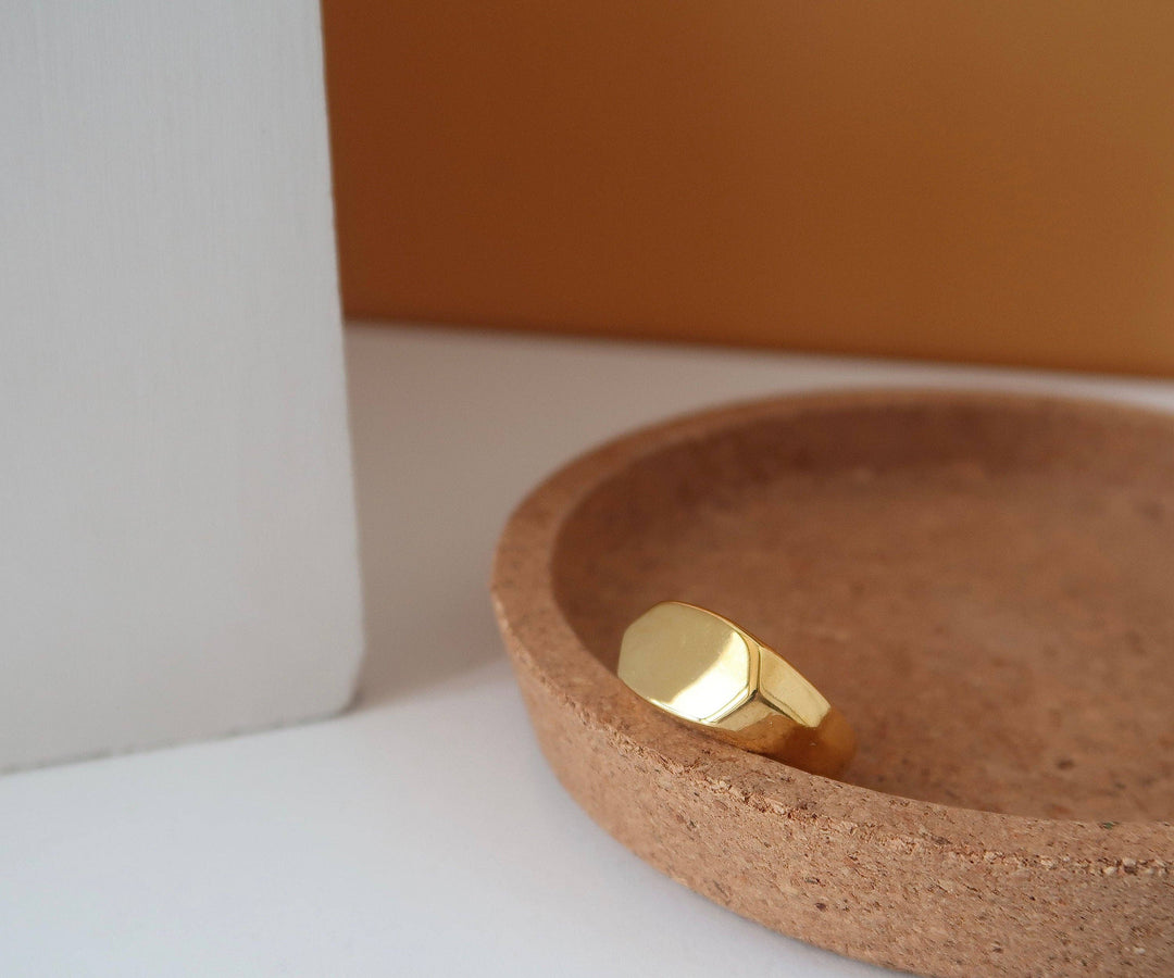18K Gold Filled Hexagon ring, Gold Black Signet ring