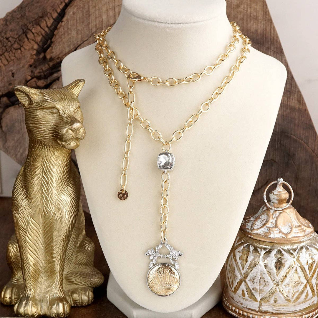 Two Tone Regal Crest Coin Crystal Lariat Necklace Gold Silver Tone
