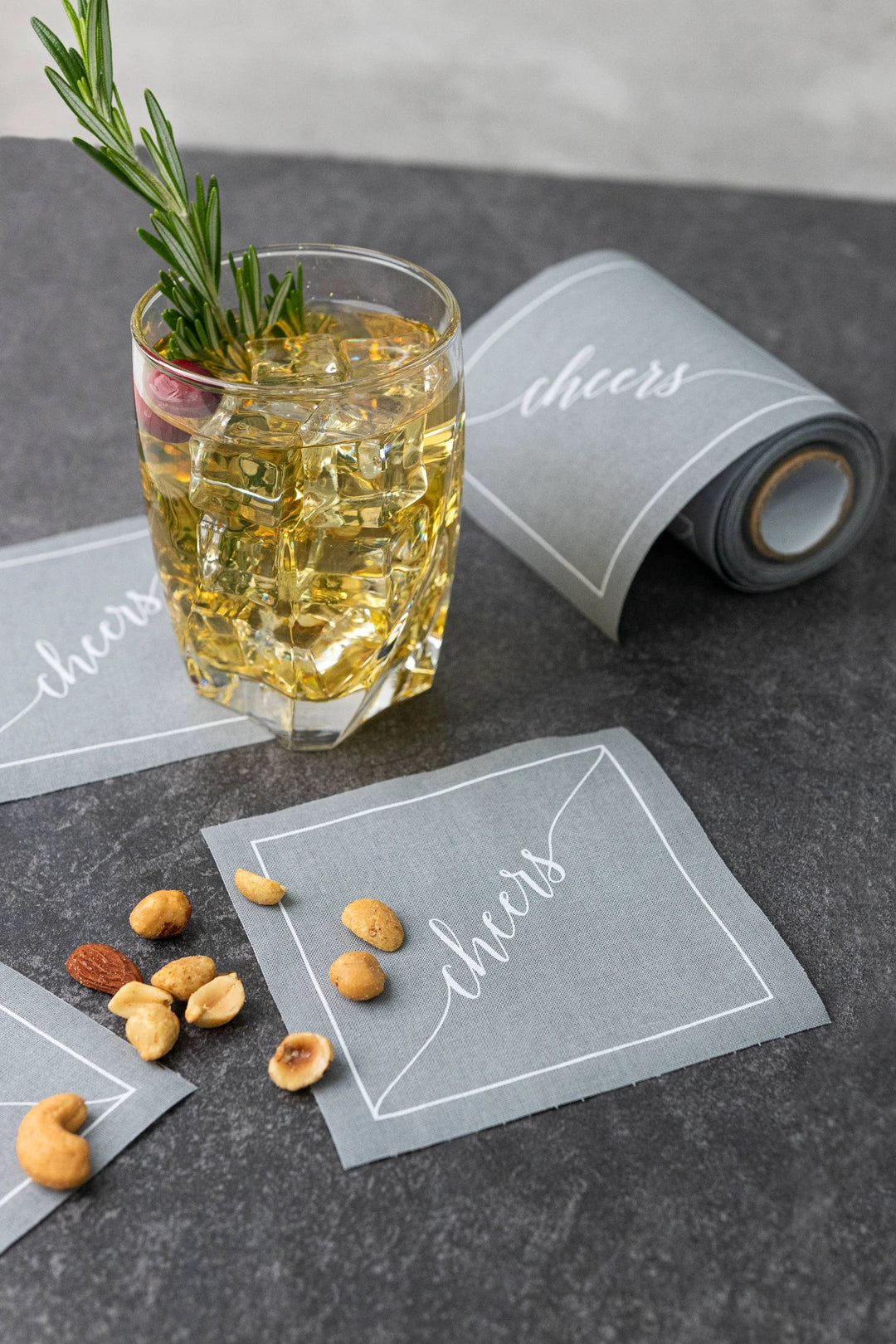 Cotton Cocktail Napkin Roll - Silver Fox White "Cheers" Entertaining Essentials Toasting With Tara