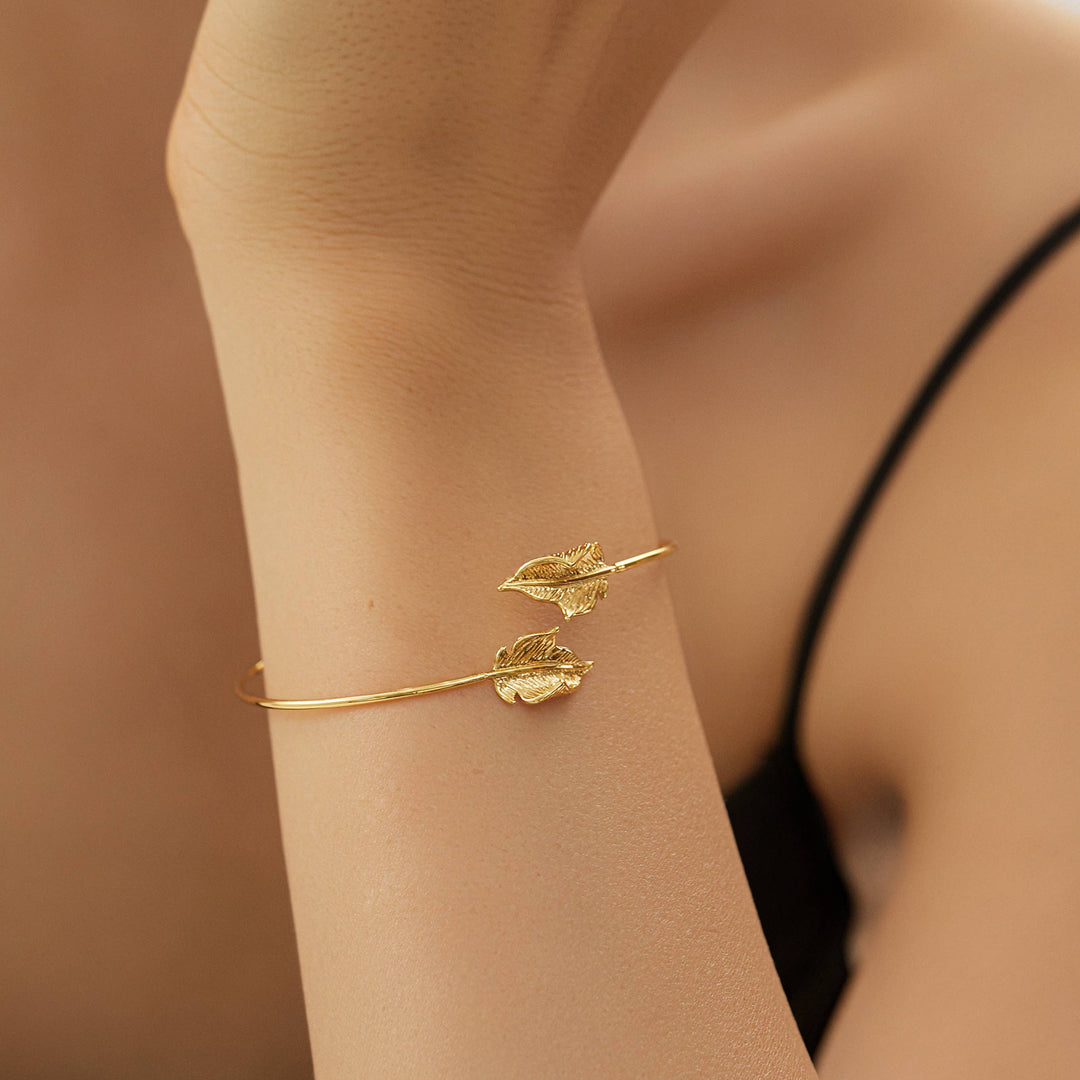 Gold Leaf Bracelet, Non Tarnish Gold Open Bangle Bracelet