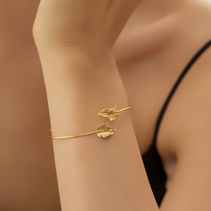 Gold Leaf Bracelet, Non Tarnish Gold Open Bangle Bracelet