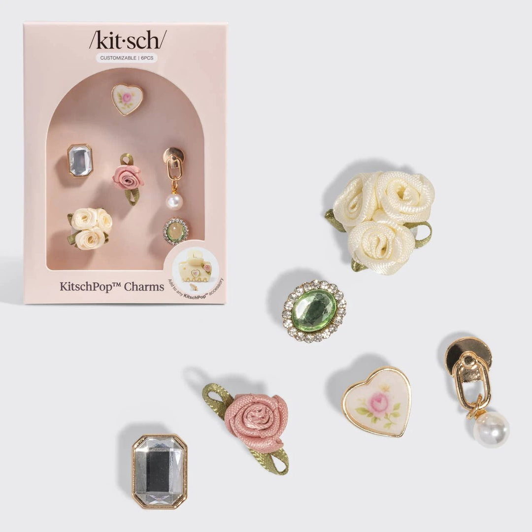 KitschPop Charms 6pc set in vintage ivory with ivory roses, pink rose, heart charm, halo gem, pearl clip