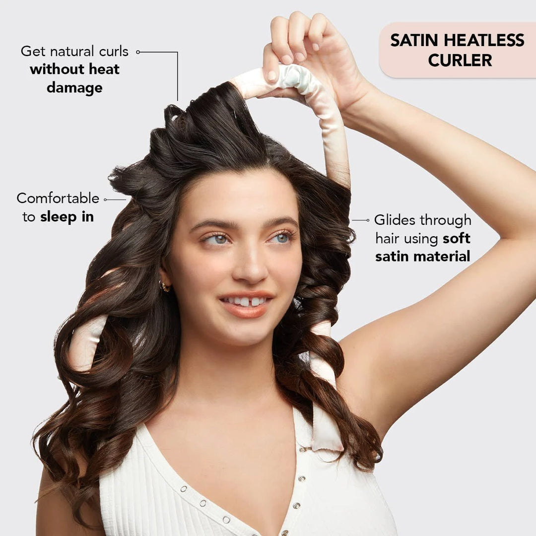 Satin Heatless Curling Set, Sunset Tie Dye by Kitsch; soft satin curlers shown on model.