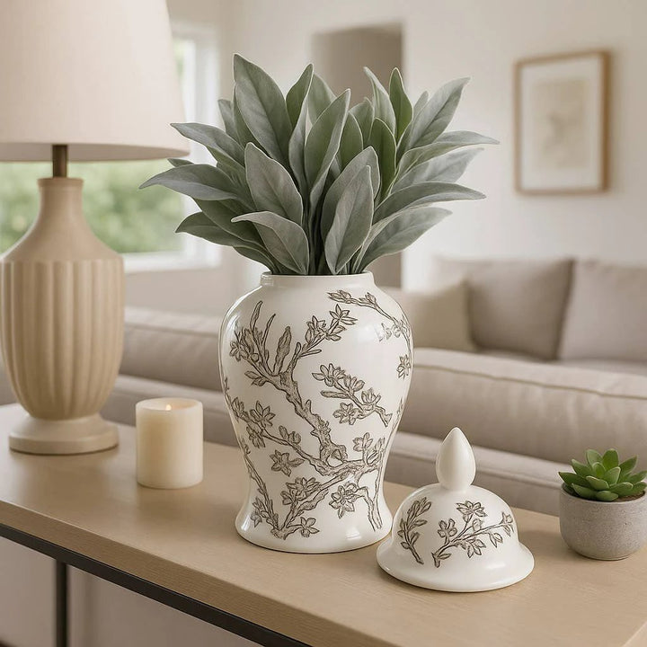 Temple Jar - White/Brown Ceramic Cherry Blossom, 15 in. Sagebrook Home