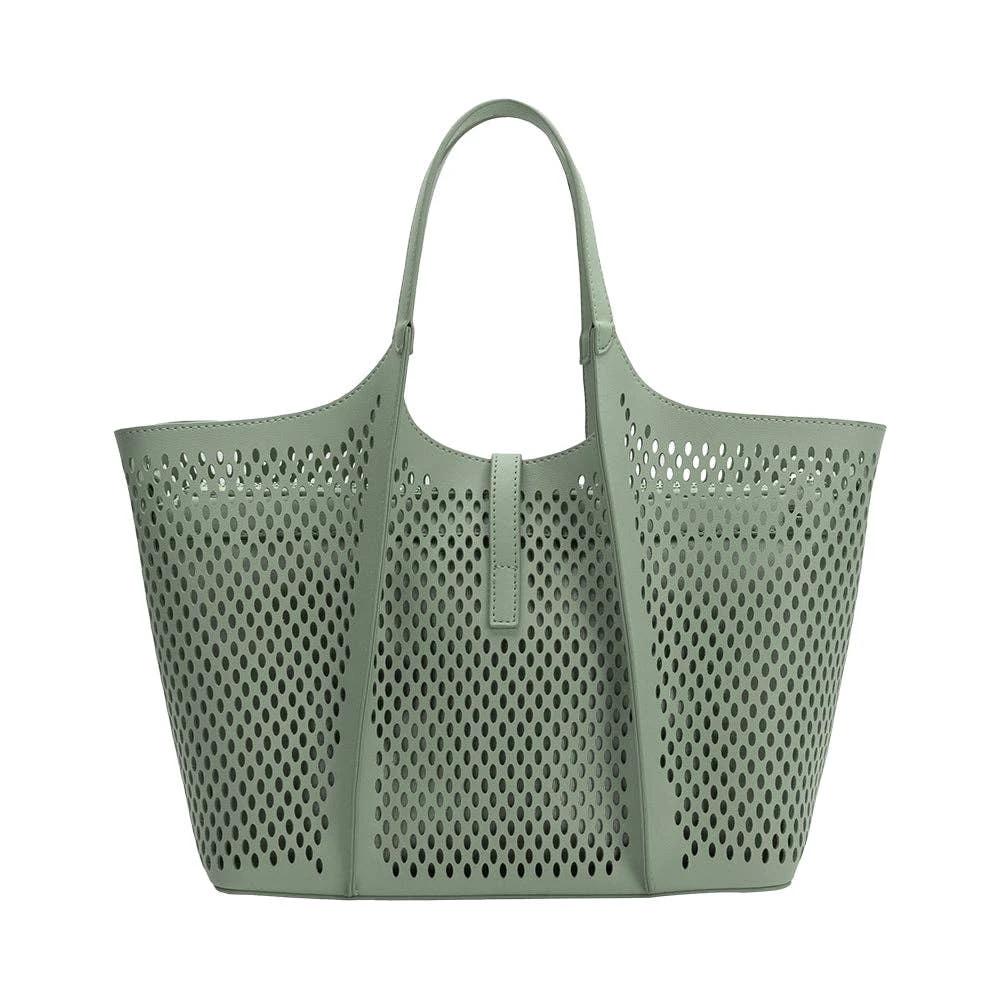 Malia Sage laser-cut vegan leather tote bag in sage green with perforated panels