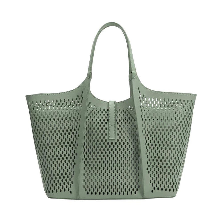 Malia Sage laser-cut vegan leather tote bag in sage green with perforated panels