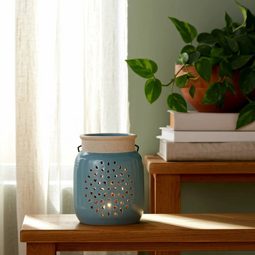 Ceramic Flower Cut Out Lantern with Handle - Blue, 6 in. Sagebrook Home