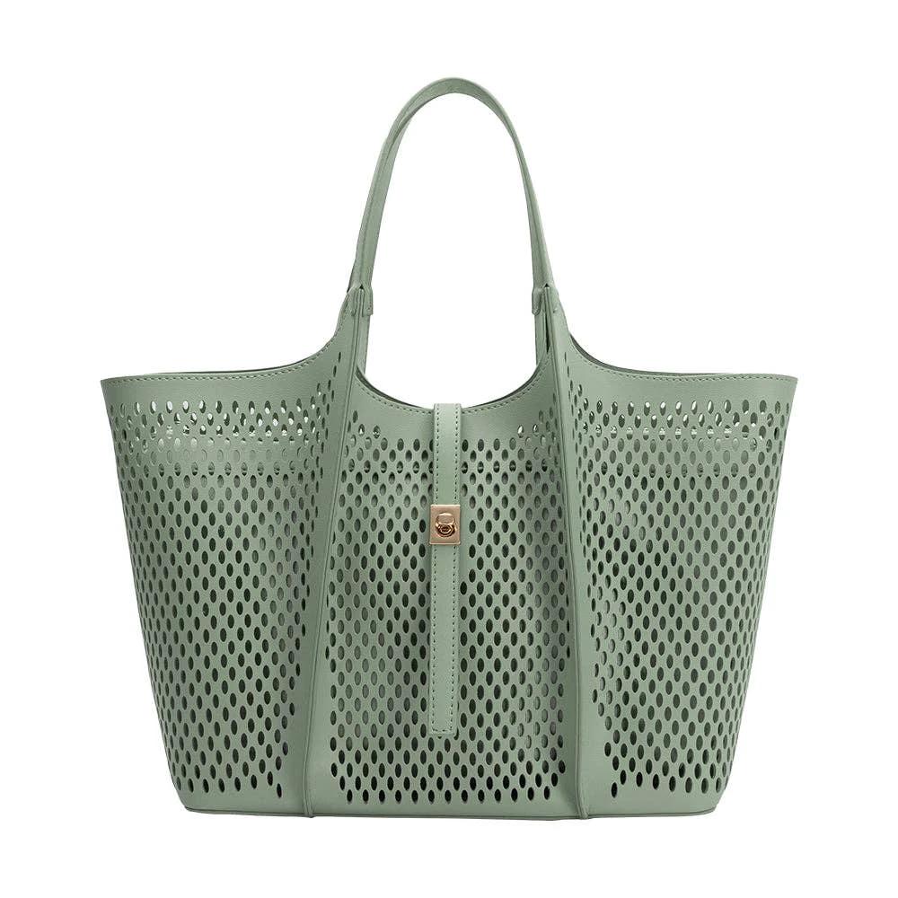 Malia Sage laser-cut vegan leather tote bag by Melie Bianco in sage green perforated design