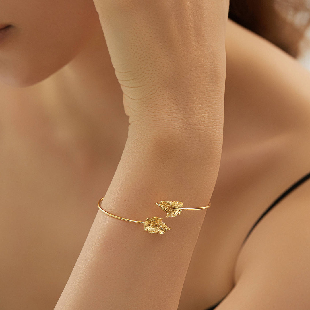 Gold Leaf Bracelet, Non Tarnish Gold Open Bangle Bracelet