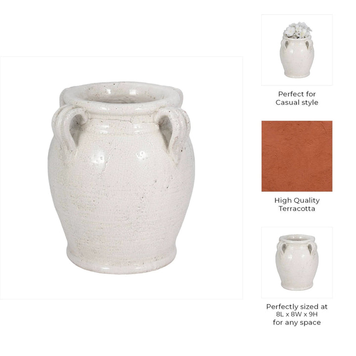 White 9 in. Terracotta Crackle Amphora Vase with Handles Sagebrook Home