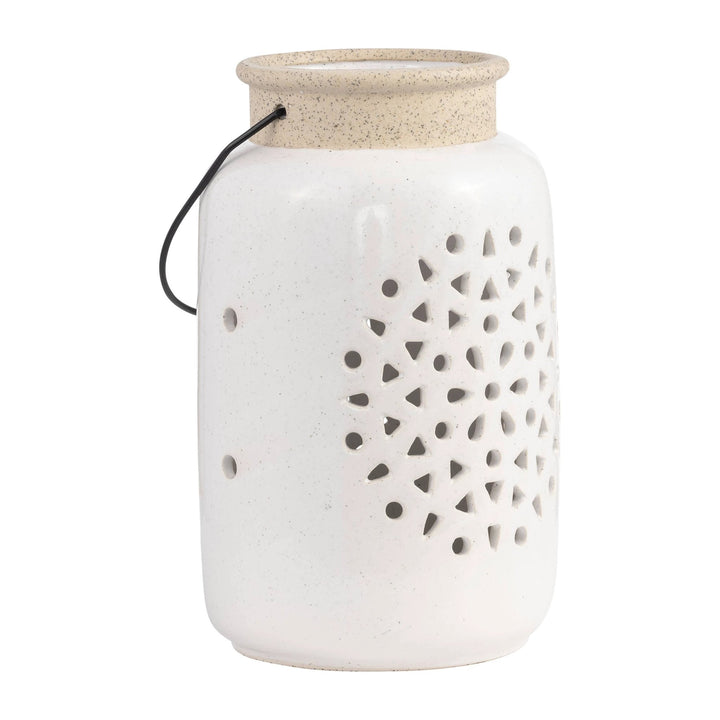 Ceramic Flower Cut Out Lantern with Handle - Ivory, 9 in. Sagebrook Home