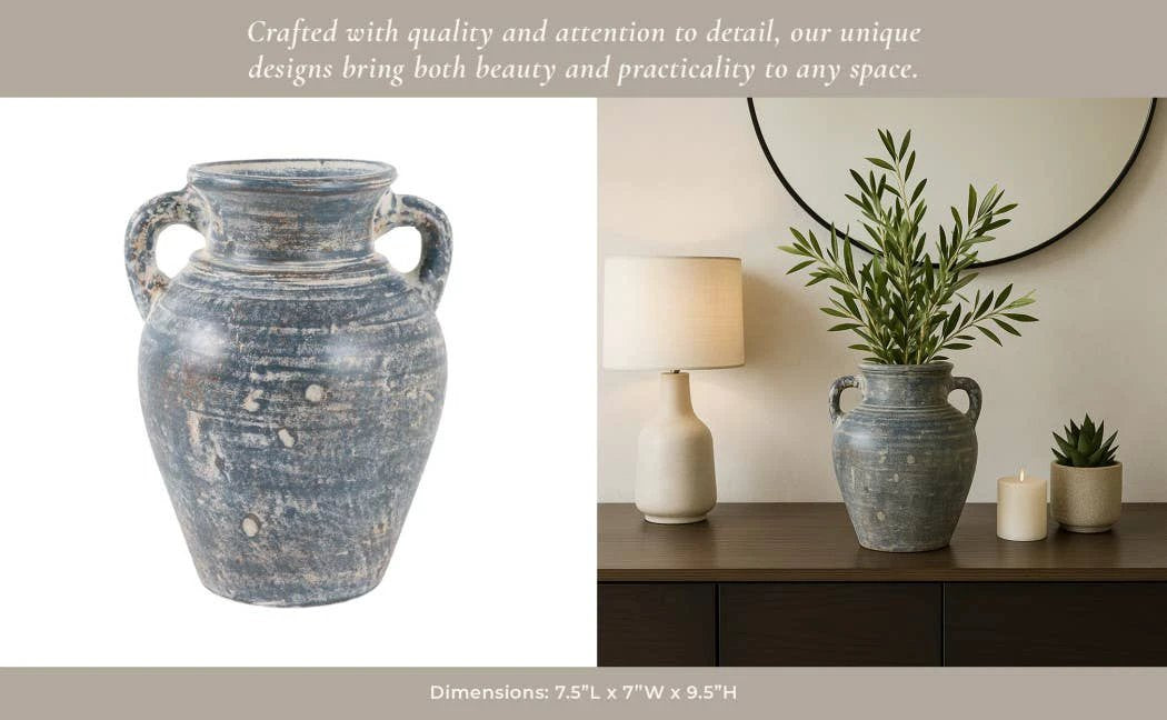 Decorative Vase - Blue/White Terracotta 2-Handle, 9.5 in Sagebrook Home