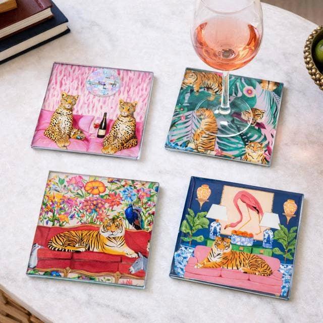 Glass coaster set of 4, Spring Safari design with colorful tiger prints, by The Tray girl & more.