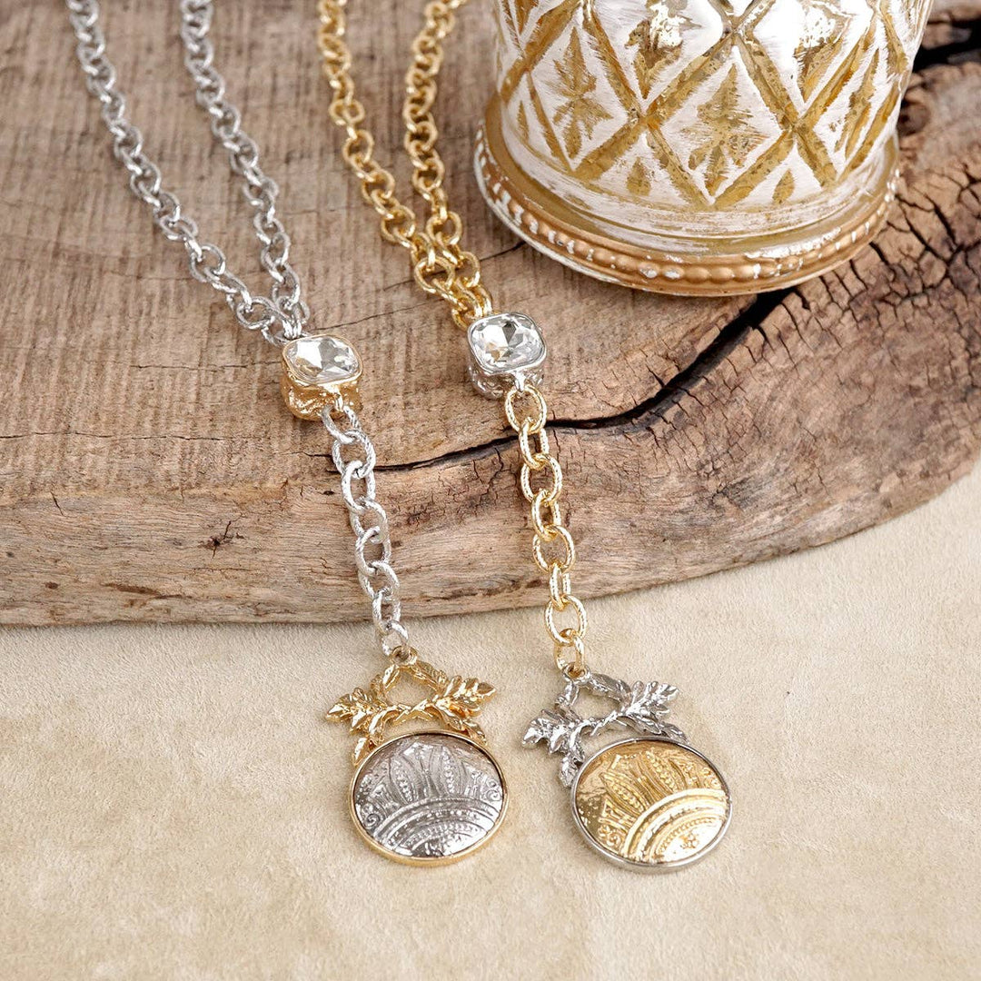 Two Tone Regal Crest Coin Crystal Lariat Necklace Gold Silver Tone
