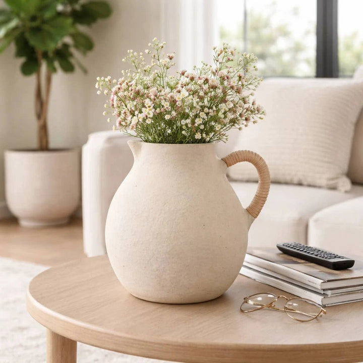 Vase - Ivory Pottery Paper Mache with Rattan Handle, 12 in Sagebrook Home