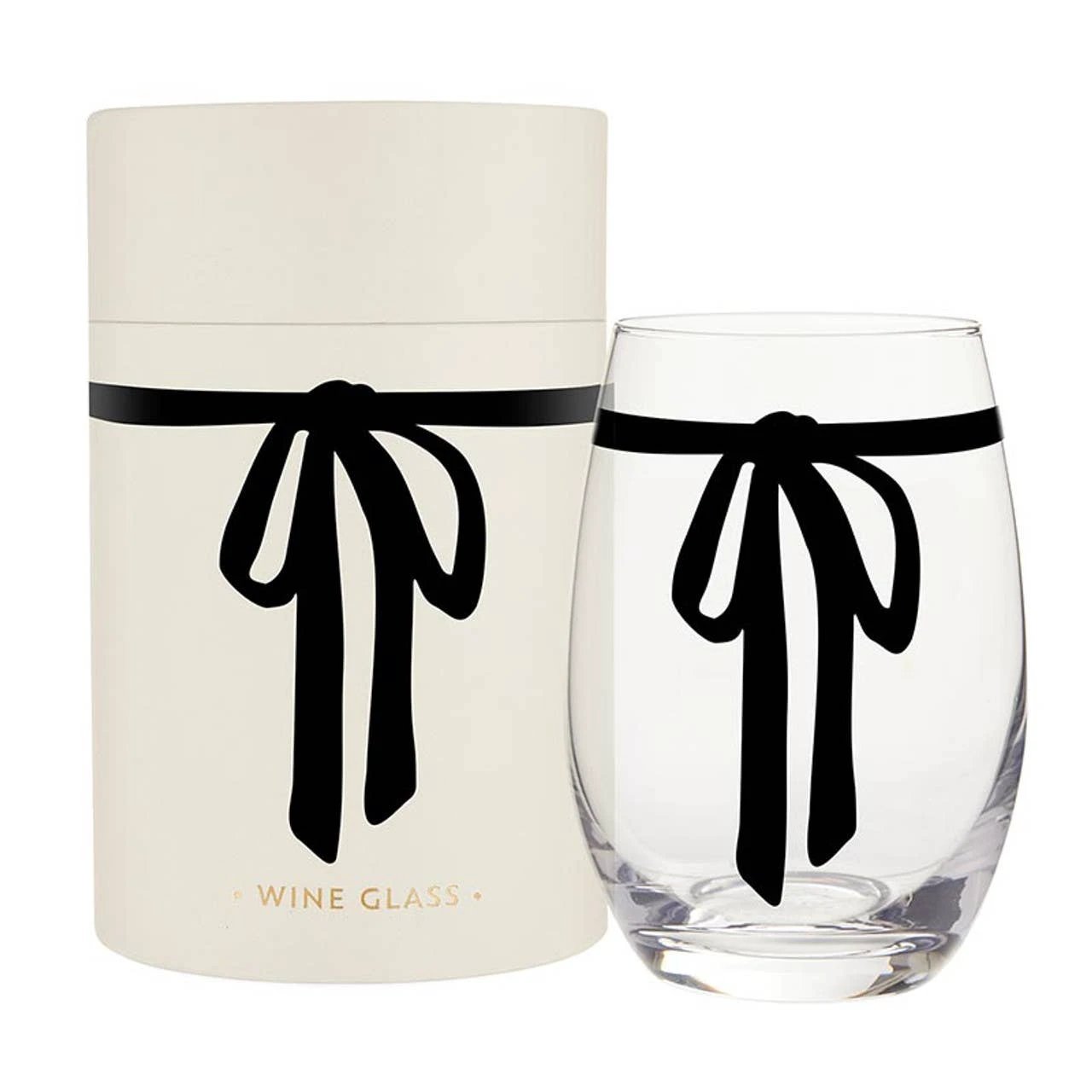Cream gift box with a black bow and a clear stemless wine glass, both featuring a black ribbon bow.