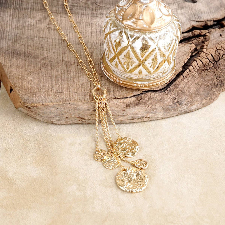 Gold Molten Multi Coin Cascading Tassel Long Necklace